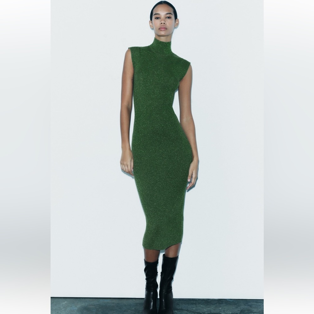 Zara Sparkle Knit Midi Dress in Green